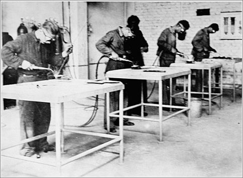A chemistry laboratory in the Buna synthetic-rubber works in the Buna-Monowitz camp. Poland, between 1941 and January 1945